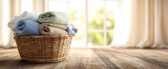 Obraz premium The cozy basket of freshly folded towels by a sunny window