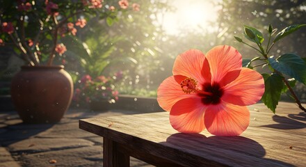 Close-up of a Peach Hibiscus Flower on Wood Table in Garden