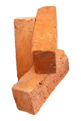 Side view of three cracked old red or orange bricks in stack isolated with clipping path in png...