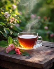 Glass cup with natural rosehip tea on wooden table among blooming rosehip branches outdoor in garden, close-up, selective focus.