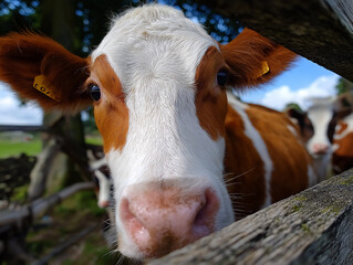 Curious Cow in Close-Up: A close-up perspective showcases a domestic cow peeking through a wooden fence, with a soft focus on the background, highlighting the animal's inquisitive expression.