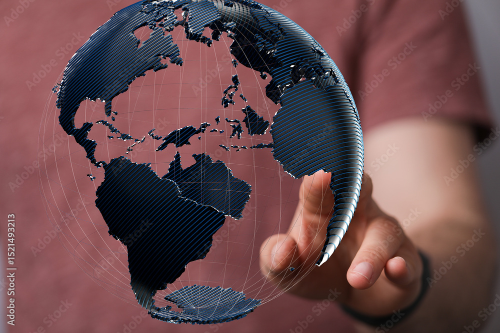Fototapete Abstract image of a hand interacting with a digital globe, representing global connectivity and networking.