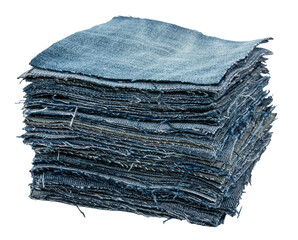 Stack of different pieces jeans on a white background. Denim background texture for design. Canvas denim texture.