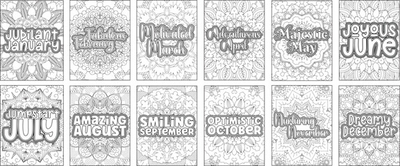 12 Months Name Coloring Page for Adults. Monthly Coloring Page for Amazon KDP