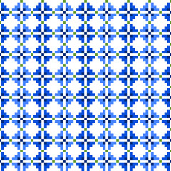 Beautiful ethnic seamless ornament with blue cornflowers for embroidery. Pixel factory boho wallpaper for decorating clothes, bags, accessories. Slavic traditional geometric pattern. Part 2