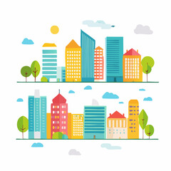 Vector set of illustration in simple minimal geometric flat style - city landscape elements - buildings and trees - city constructor for background for header images for websites, banners