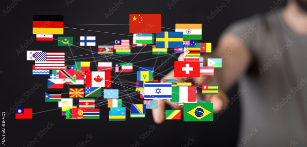 Aufkleber image of interconnected flags representing global relationships and international collaboration.