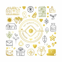 Vector design elements and simple illustrations in simple linear style, packaging template and stickers, minimal designs for golden foil printing, cards, invitations and prints