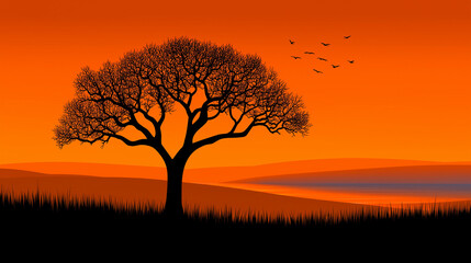 Obraz premium Silhouette of Solitude: An evocative illustration of a solitary tree stands against a fiery orange sunset sky, accompanied by the graceful flight of birds, evoking a sense of peace and tranquility.