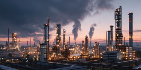 Obraz premium Industrial Petrochemical Facility at Sunset with Emissions and Power Infrastructure