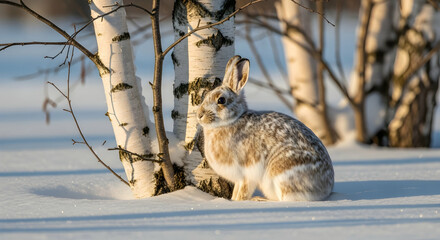 Naklejka premium Snowshoe Hare Resting Beside Birch Tree on Snowy Winter Landscape