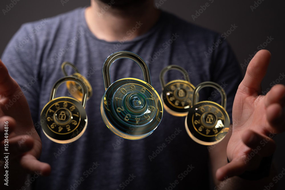 Poster Image of digital combination locks floating in hands, symbolizing data security and online protection.