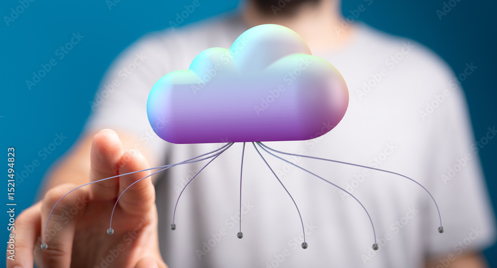 Poster Person interacts with a 3D cloud, illustrating secure data storage and access in cloud computing.