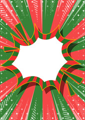 サンバーストとトゲトゲのフレーム背景、集中線とキラキラのデコレーション、コミック風のふきだし、クリスマスカラー、縦向き