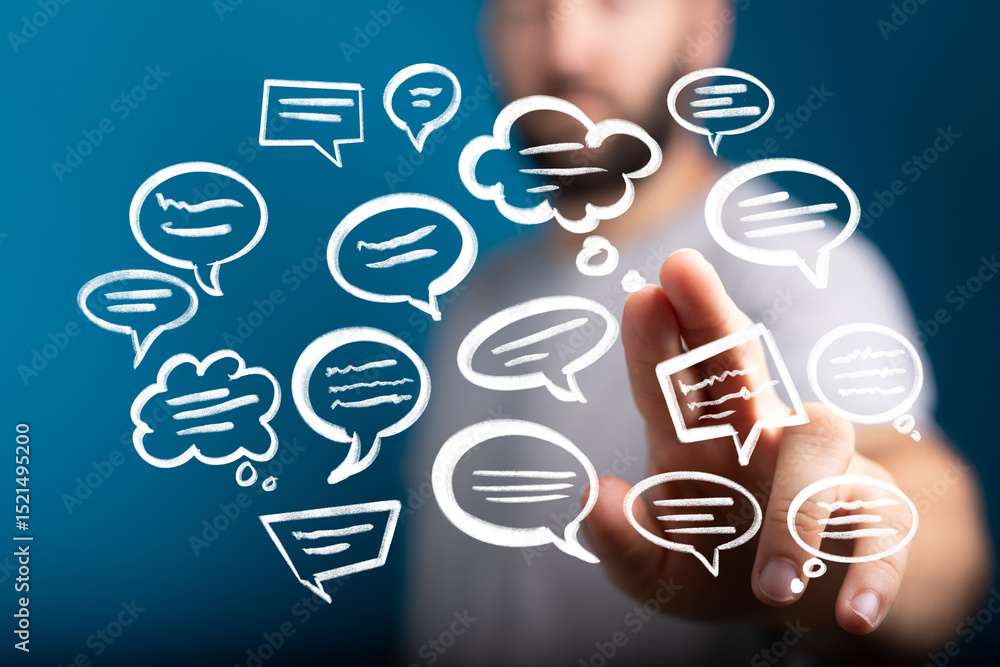 Aufkleber Conceptual image of a man interacting with digital chat bubbles, representing communication, social media, and online interaction.