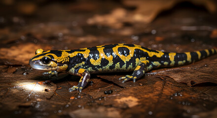 Fototapeta premium Fire Salamander Posing Beautifully on Wet Leaves in Natural Habitat Close Up