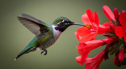 Fototapeta premium Hummingbird Seeking Nectar From Vibrant Scarlet Flowers In a Spring Garden