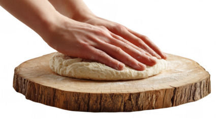 Baker pressing dough on a wooden board, skillfully preparing bread, pizza, or other baked goods, featuring a transparent background for seamless compositing in various projects