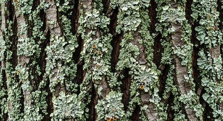 Textured Tree Bark Covered With Lichens In Forest Macro Closeup View