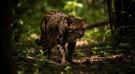 Naklejka premium Ocelot Patrolling Jungle Floor With Graceful Gait in Natural Habitat