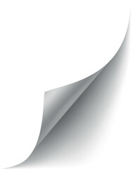Curled paper corner, white paper page turning edge curl corner, realistic bent sheet with shadow vector overlay effect