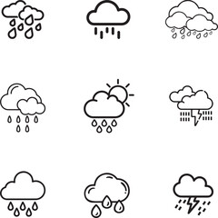 Comprehensive set of outline weather icons depicting various atmospheric conditions like rain, storms, and sunny clouds, perfect for forecasting apps, climate reports, and environmental designs.
