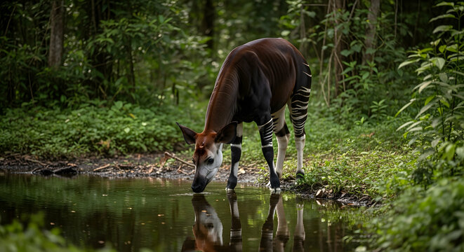 Okapi Drinks Water From Forest Stream Reflection In Congo Basin