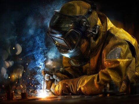 Welding engineer in safety gear performing highprecision work