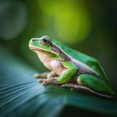 Obraz premium Green Frog Sitting on Leaf in Lush Jungle Environment
