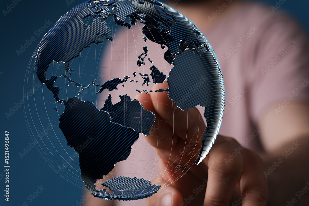 Fototapete High-quality stock photo of a hand interacting with a digital 3D model of Earth, representing global connectivity and networking.