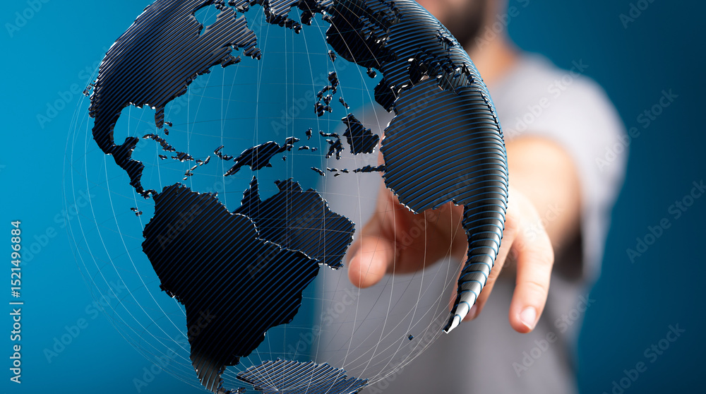 Poster business person interacts with a digital globe, representing global reach and connection.