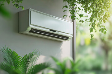 Modern air conditioner mounted on wall amidst green plants in a sunlit space