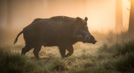 Wild Boar Foraging in Misty Morning Light Through Woodland Environment