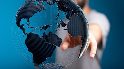 Business person interacts with a digital globe, representing global reach and connection.