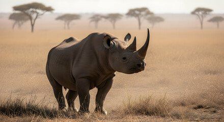 Obraz premium Solitary Black Rhinoceros Roaming Savannah During Golden Hour Scenery