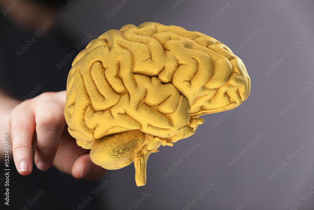Poster a 3d golden brain model symbolizes intellect, ideas, and potential. perfect for concepts of intellig