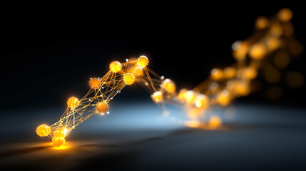 Glowing insulin molecules forming a descending graph line, representing diabetes treatment and blood sugar control.