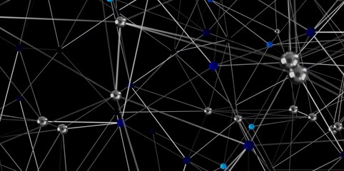 3D rendering of a complex network with interconnected nodes. Ideal for technology, connection, and...