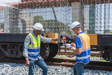 Railroad Engineers Inspecting Train Wheel and Undercarriage, Construction Workers or Technicians Examining Railway Equipment, On Site Inspection of Train by Safety Professionals