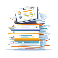 Pile of Paperwork Documents Stacked in White and Blue Illustration Style