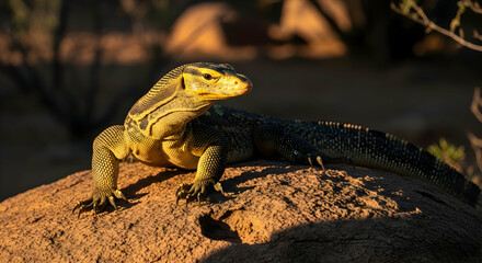 Alert Yellow Spotted Monitor Perched on Rock Facing Left Sunlight