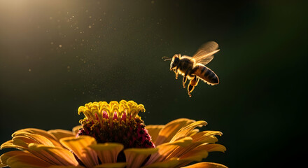 Golden Hour Bee Approaching Zinnia For Nectar Gathering