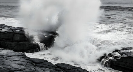 Coastal Fury Wave Crashes Against Rocks In Dramatic Black And White Scene