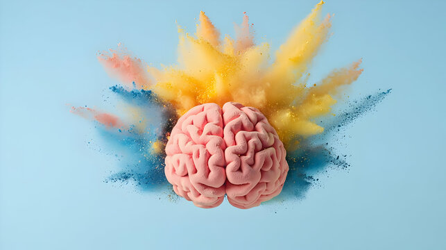 Pink Brain Exploding In Colorful Powder