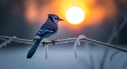 Blue Jay Perched on Frosty Branch During Golden Hour In Winter