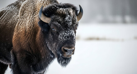 American Buffalo In Winter Landscape Portrait Covered By Fresh Snowfall