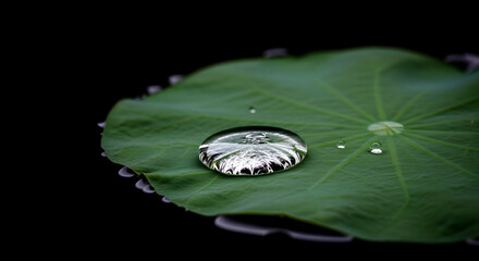 Water Droplet On Green Lotus Leaf Reflecting Details in High Definition