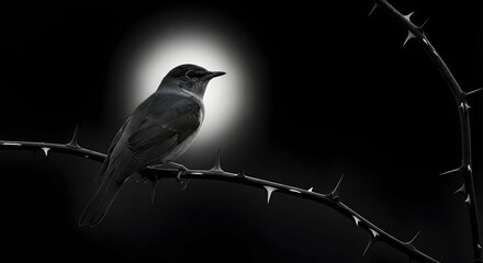 Small Bird Perched On Thorny Branch Against A Bright Light In Monochrome