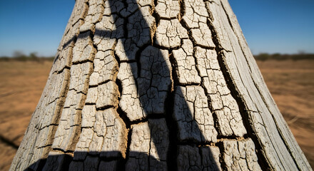 Striking Texture of Tree Bark With Shadow Over Desolate Landscape Backdrop