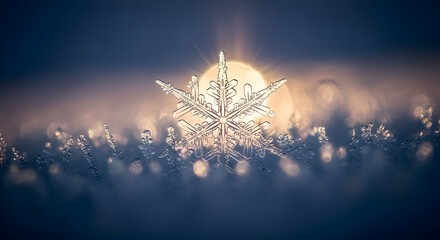Radiant Snowflake Crystal Against Winter Sun Creating Magical Christmas Ambiance